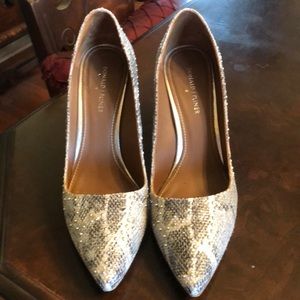 DJP Silver Canvas Snake Print studded heels